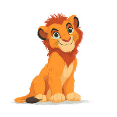 Obraz premium A cute cartoon lion cub with a sweet smile is sitting down, looking ahead, ready for playtime in the sunny savanna!