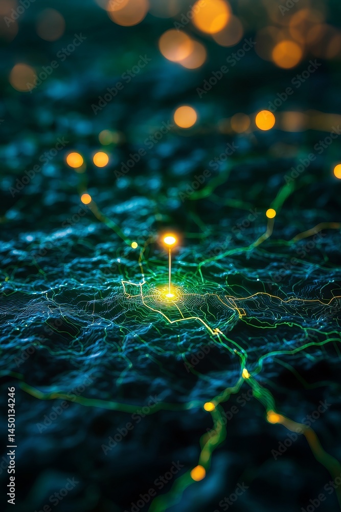 Poster abstract light patterns with glowing connections and vibrant colors. mapping technology geographic i