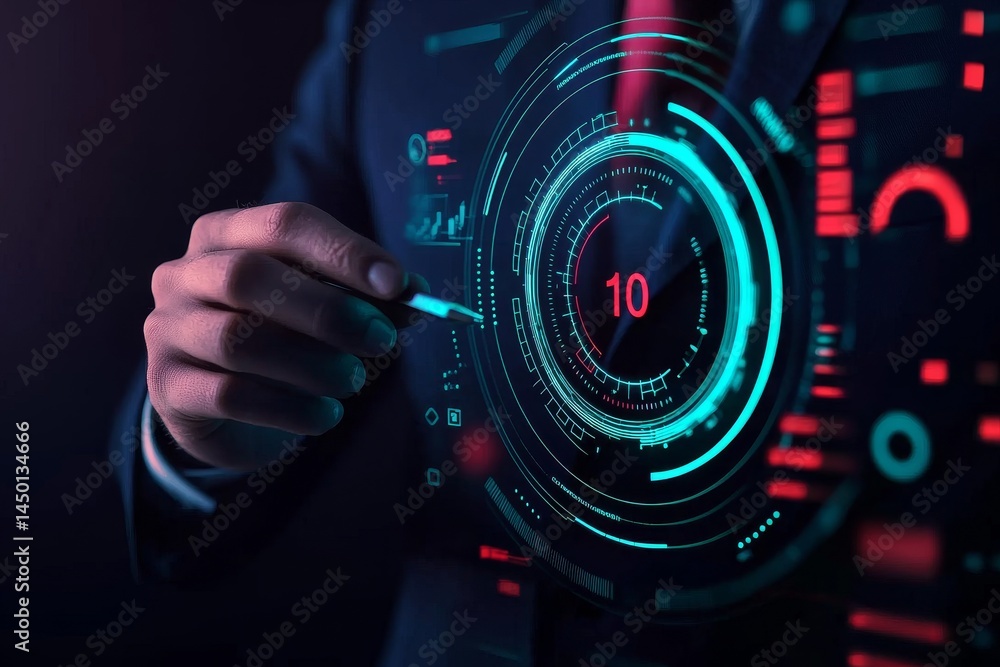 Poster digital interface with a businessman interacting with holographic data visuals. time management effi