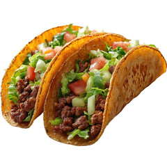 Delicious crunchy tacos with ground beef lettuce and tomatoes food photography and tasty mexican cuisine  on transparent background