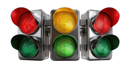 Traffic Light Signals: Three individual traffic lights showcase the essential signals, emphasizing the concepts of stop, caution, and go in a streamlined, graphic presentation.