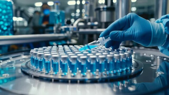 Image shows a gloved hand carefully filling one of many vials with blue liquid on an automated filling machine. Focus on precision and sterile conditions in pharmaceutical or scientific research.