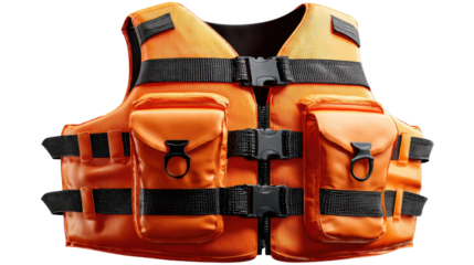 Safety in Vivid Orange: A close-up shot of a buoyant orange life jacket, featuring intricate buckles, secure straps, and useful pockets.