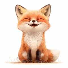 Fototapeta premium Adorable cartoon fox with closed eyes sitting and smiling warmly, furry art