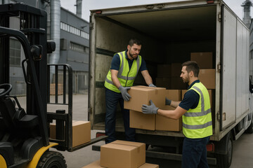 Déchargement de cartons par des agents de logistique en gilet réfléchissant et casque, collaboration sur quai industriel, manutention de colis dans un contexte de transport professionnel