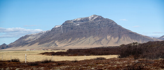 A high resolution panoramic view of Tr&ouml;llakirkja peak in Western Iceland.