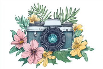 Hand Drawn Camera With Flowers Clipart