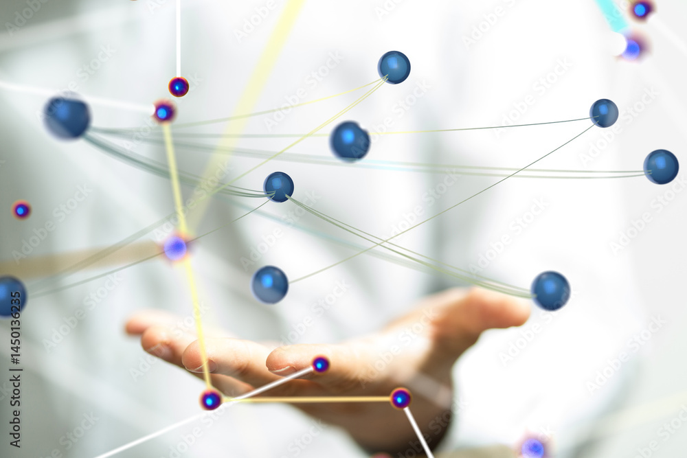 Aufkleber Global network. Blockchain. 3D illustration. Neural networks and artificial intelligence. Abstract