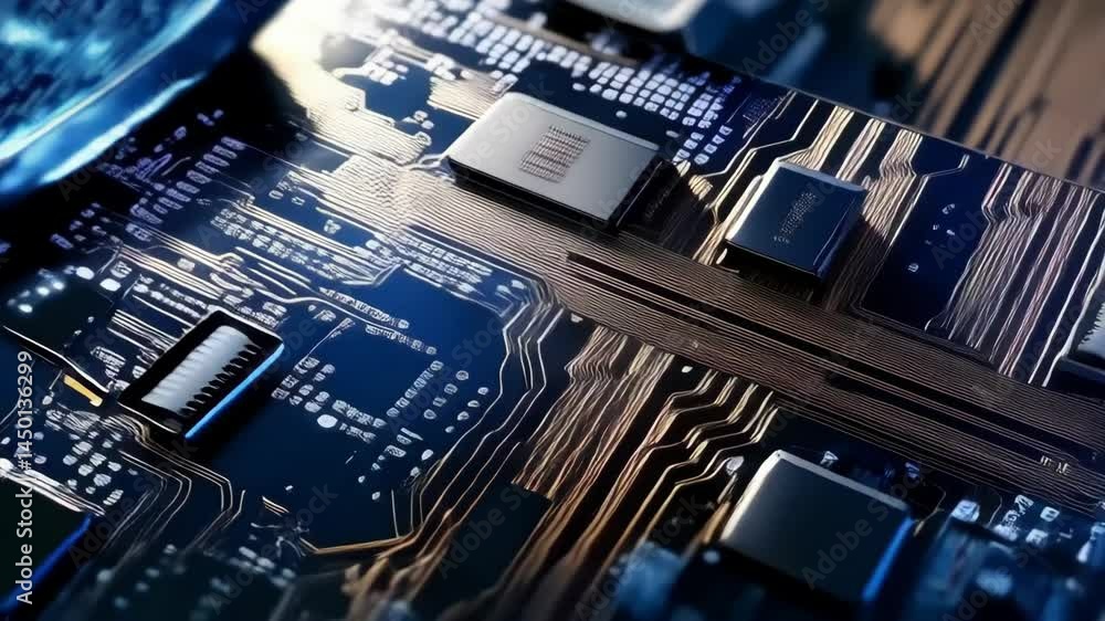 Poster futuristic cybersecurity concept with a shield shaped digital keyhole over a circuit board filled wi