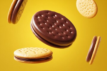 Delectable chocolate sandwich cookies, each filled with sweet cream, suspended on a yellow background.