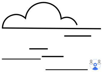 Abstract cloud with parallel lines symbolizing storage, data, or connection. Collaboration and gear icon conveys teamwork, innovation, analytics, and cloud-based service. Ideal for technology