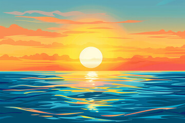 illustration watercolor sunset over the sea or ocean wave background