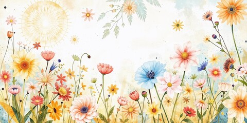 Naklejka premium Blooming Symphony: A vibrant tapestry of wildflowers, painted in delicate watercolors, dances in the gentle sunlight, creating a scene of serenity and natural beauty.