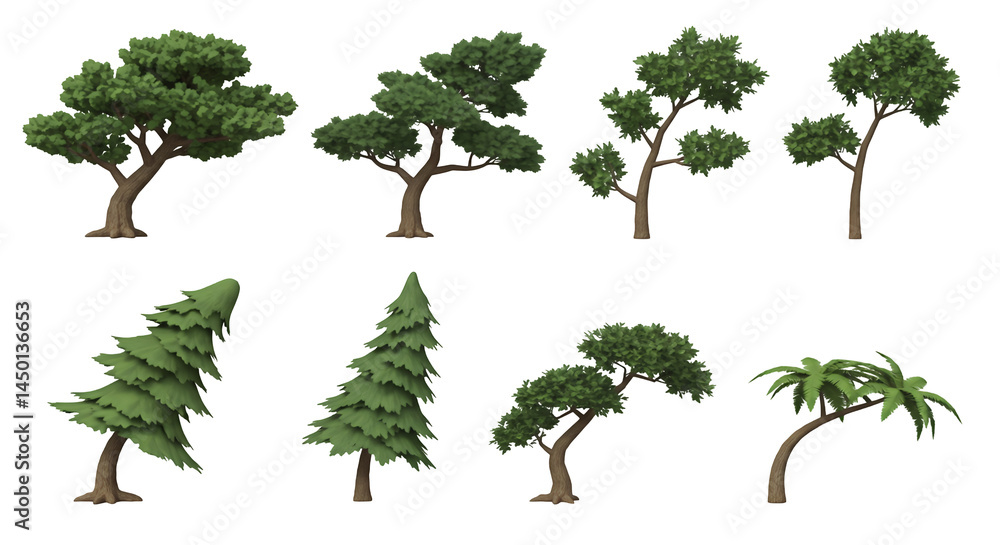 Poster collection of pixel art tree illustrations on transparent background for game design and environment