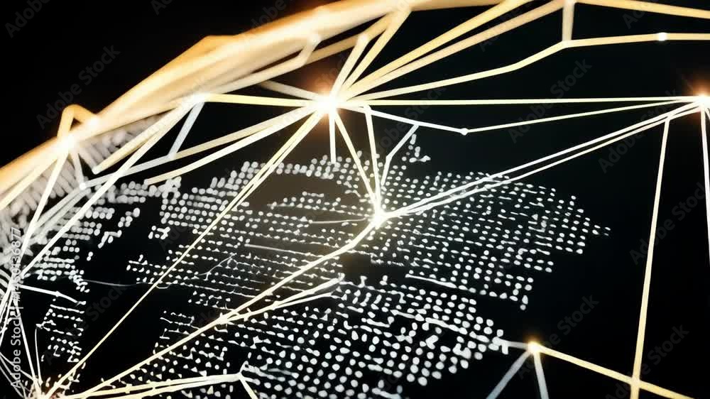 Poster abstract global network of dots and lines forming world map on a dark background for technology or b