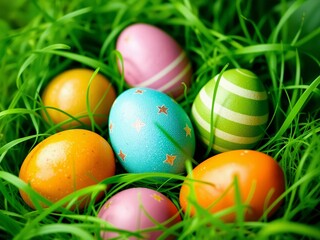 Naklejka premium Festive Eggs: A collection of vibrantly decorated eggs, nestled in a bed of fresh green grass, showcasing the beauty of spring and the joy of celebrations.