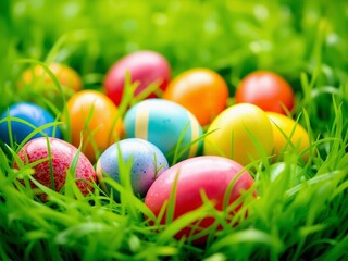 Fototapeta premium Easter Egg Hunt in Green Grass: A vibrant assortment of colorful Easter eggs nestled in lush green grass, a picturesque scene evoking springtime joy, celebration.