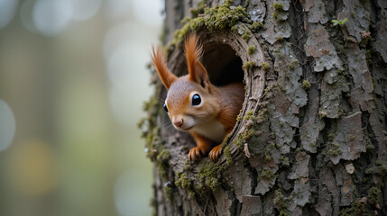 Obraz premium Eurasian red squirrel (Sciurus vulgaris) cautiously peeks out of the hole in a tree in the forest of Drunen, Noord Brabant.