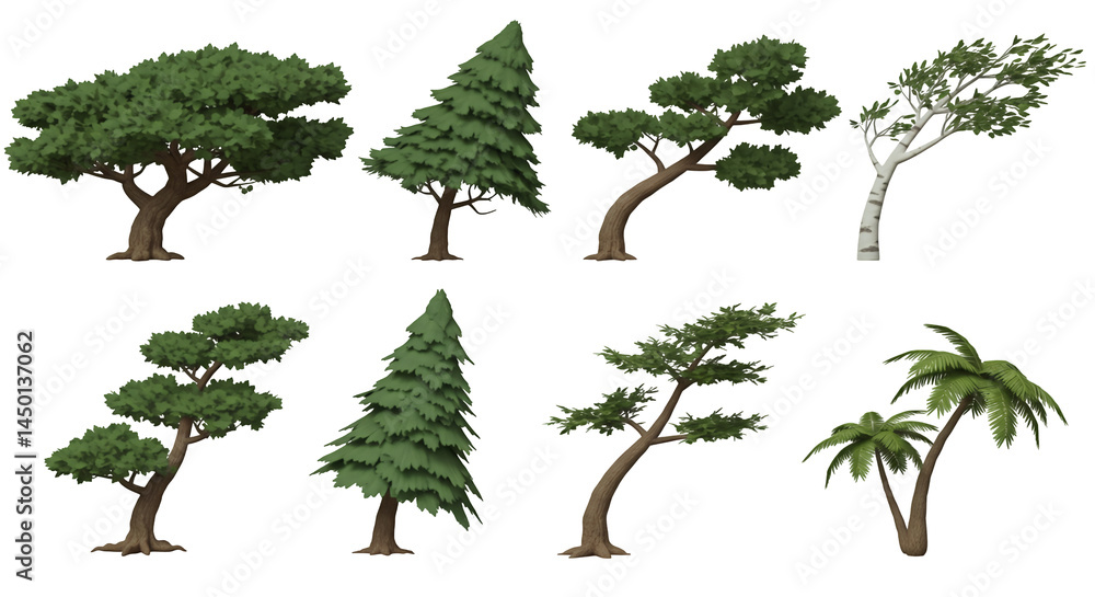Poster collection of various pixel art trees isolated on transparent background for game development or ret