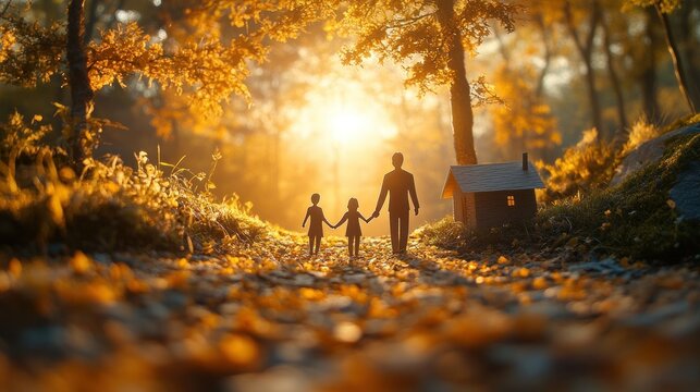 Family walk in autumn forest