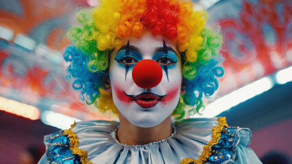 A clown with a red nose and brightly colored clothes is performing happily.