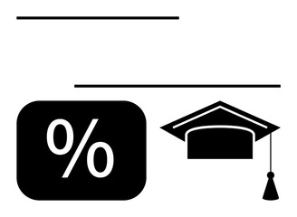 Graduation cap beside bold percentage sign representing achievement, success tracking, or education metrics. Ideal for education, success, growth, performance, analysis, learning flat simple