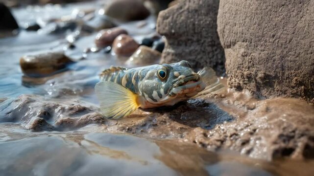 Close-up of a mottled mudskipper fish resting on the shoreline of a beach during low tide, with smooth rocks and shimmering water in the background.