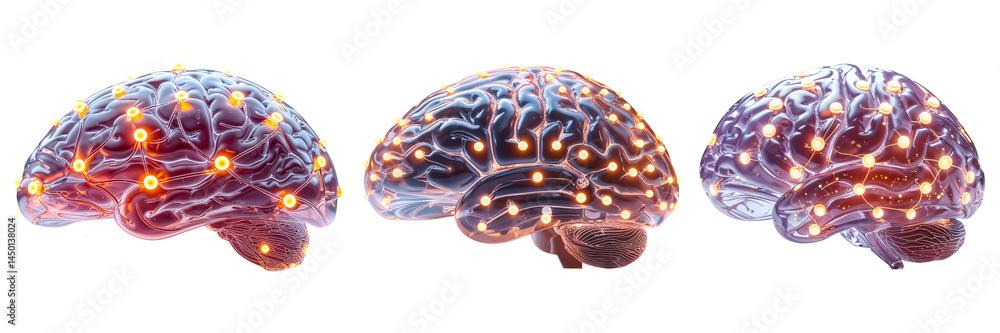 Poster three brains with glowing nodes and connections on a black background on transparent background
