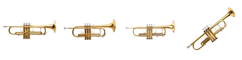 Obraz premium Collection of various brass musical instruments, including trumpets.