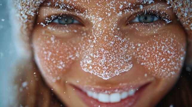 Woman smiling with snow on her face in winter scenery