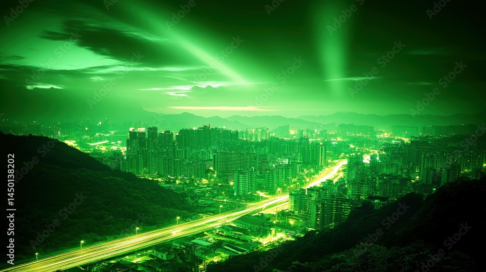 Poster abstract green background with dynamic light effects and flowing texture