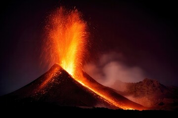 Fototapeta premium Erupting volcano with flowing lava ash cloud at night