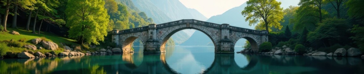 Fototapeta premium Elegant stone arch bridge over lake, towering trees framing scene, structure, calm, outdoors