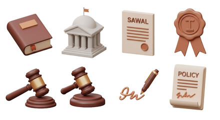 Legal Documents and Justice Symbols Featuring Gavel Courthouse Book Policy and Contract on Transparent Background