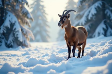 A lone brown goat amidst towering snowdrifts, wintry woods , forest, snowy