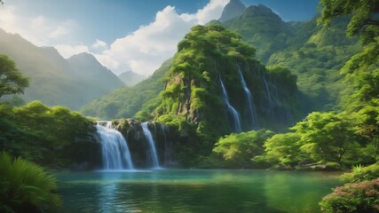 Fototapeta premium Serene Cascade: Majestic waterfalls cascade into a tranquil lake surrounded by lush green mountains and foliage, creating a picturesque scene that embodies serenity.