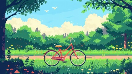 Celebration of world bicycle day in a scenic park landscape. Horizontal banner. Copy space. World Car Free Day. Pixel art