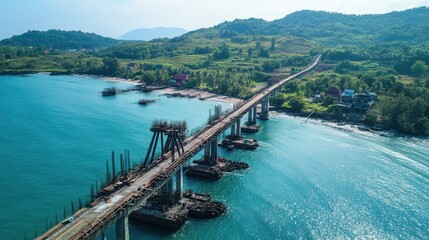 Fototapeta premium Coastal highway bridge under construction, seen from above.