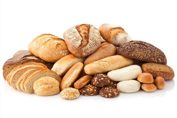A variety of freshly baked bread and cookies arranged beautifully on a white background