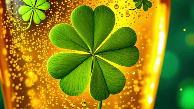 A vibrant glass of golden beer adorned with a clover leaf, set against a festive green background