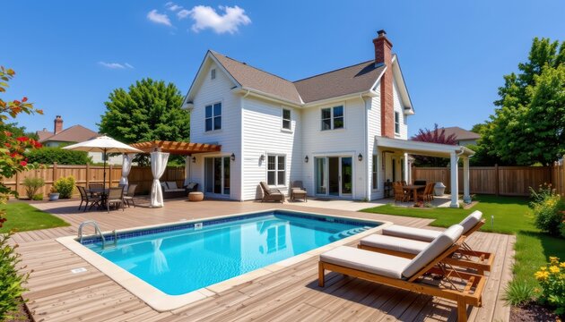 backyard view of a family house with wooden deck swimming pool and cozy outdoor furniture during sunny summer day