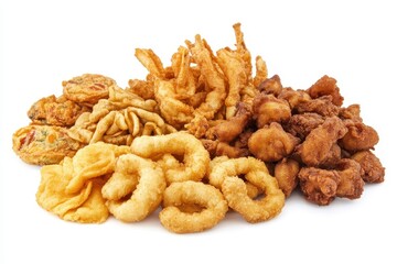 Fototapeta premium A vibrant assortment of crispy fried snacks arranged neatly on a white background