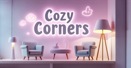 Interior scene features cozy seating area. Pink lighting creates warm atmosphere. Text reads Cozy Corners with cloud motifs.