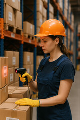 Pr&eacute;parateur logistique scannant des colis dans un entrep&ocirc;t industriel avec gilet de s&eacute;curit&eacute; et lecteur de code-barres