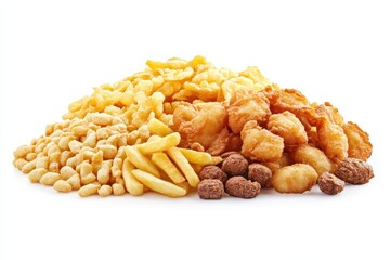 A vibrant assortment of crispy snacks including chips, puffs, and chicken bites on white background