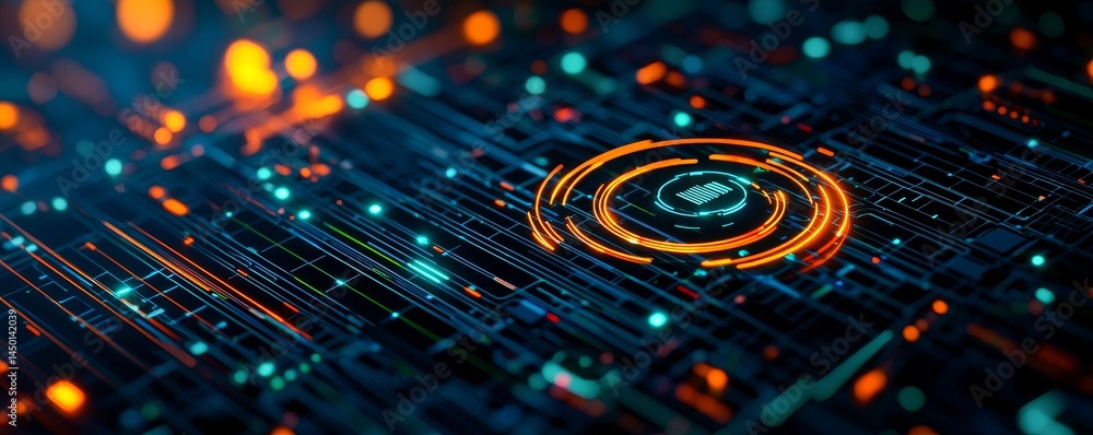 Poster abstract digital circuit design with glowing elements and lines. geospatial analytics geographic inf