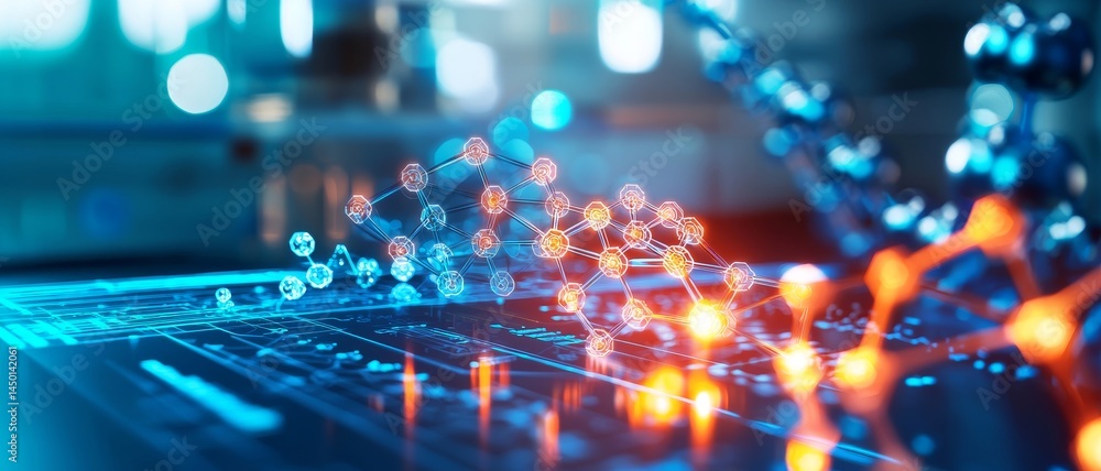 Poster futuristic digital interface with molecular structures and glowing elements. biotechnology synthetic