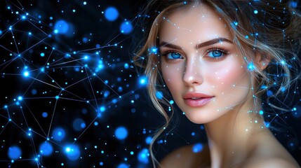 Woman with blue eyes, connected to network