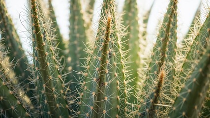Cactus Plant Close-up: A captivating macro photograph of a robust cactus plant, showcasing its sharp needles and intricate textures, bathed in warm, natural light.