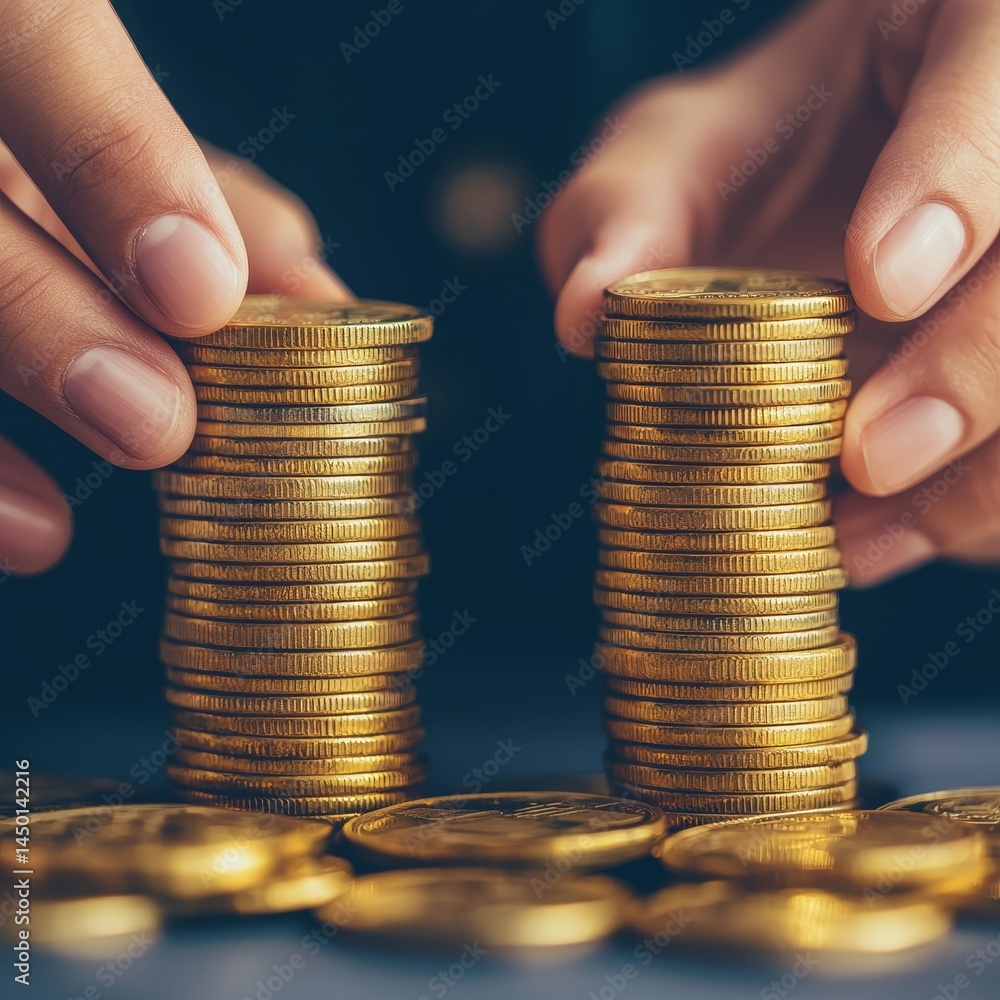 Poster hands sorting stacks of coins on a table. entrepreneurial mindset problem solving financial literacy